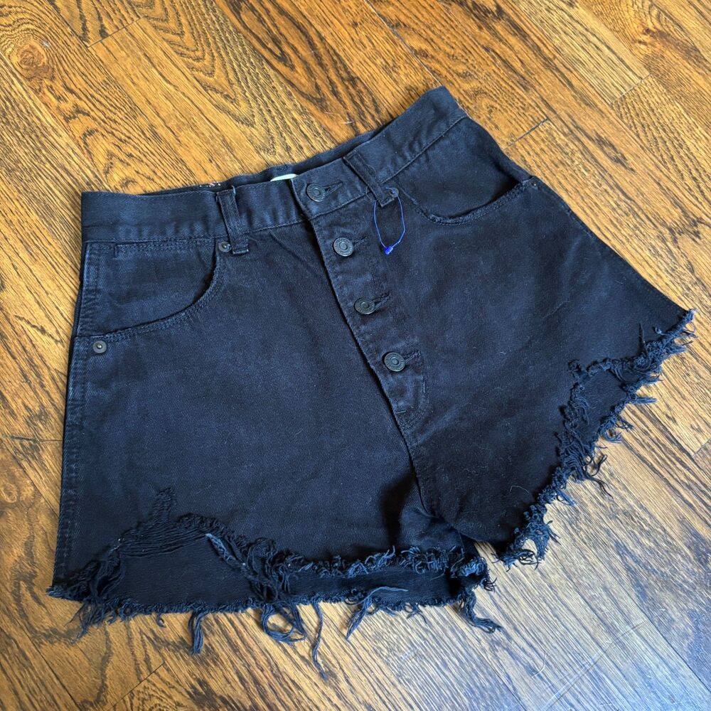 Moussy Vintage Black Cutoff Denim Shorts Sz 2 High Rise Frayed Hem Button Fly - Picture 6 of 6